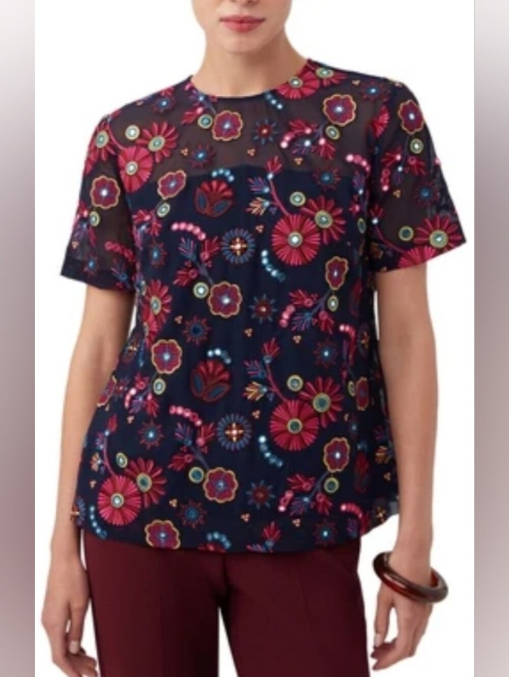 $248 Trina Turk Rochelle Top Navy Floral Size Medium